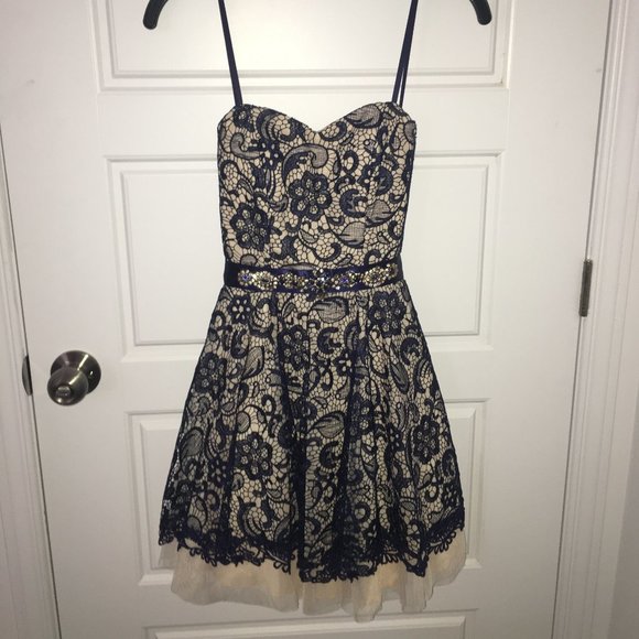 Strapless Navy Blue Lace Dress (Size 1) - Picture 1 of 5